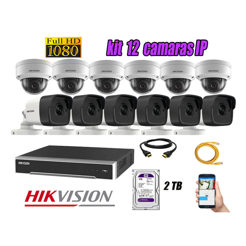 Kit 12 Cámaras de Seguridad Ip Poe Hikvision mas Disco 2Tb Wd Púrpura