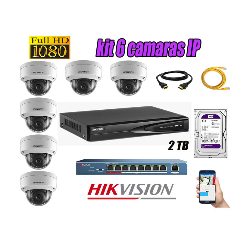 Kit 6 Cámaras de Seguridad Ip Interior Hikvision mas Disco 2Tb Wd Púrpura