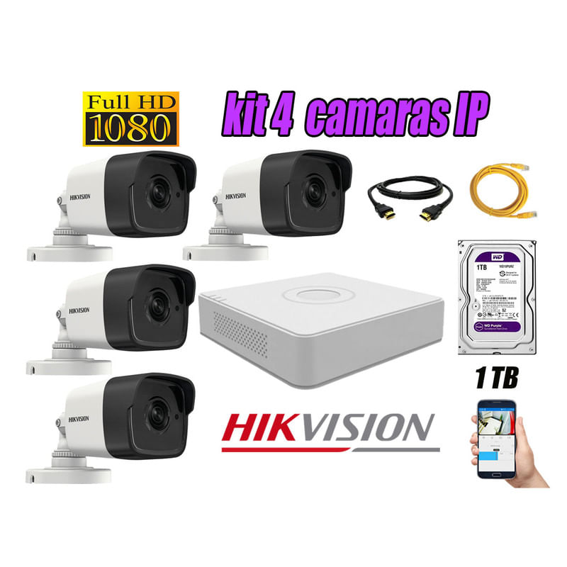 Kit 4 Cámaras de Seguridad Ip Poe Exterior Hikvision mas Disco 1Tb Wd Púrpura