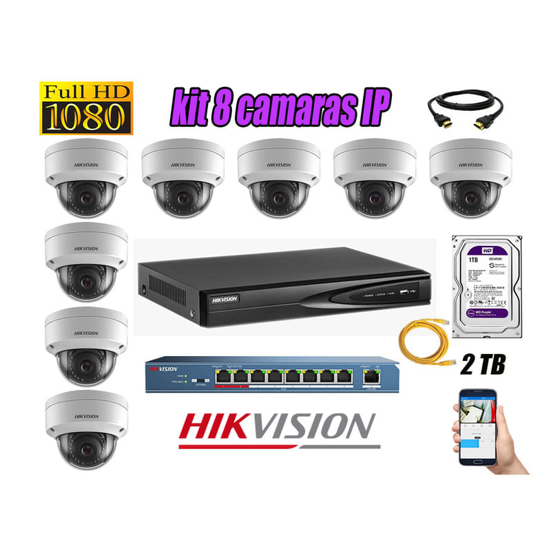Kit 8 Cámaras de Seguridad Ip Interior Hikvision mas Disco 2Tb Wd Púrpura