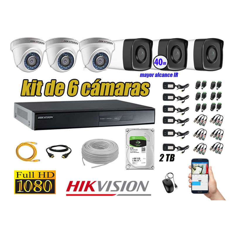 Kit 6 Cámaras de Seguridad It3F Hikvision Full Hd 1080P mas Disco 2Tb Mayor Alcance