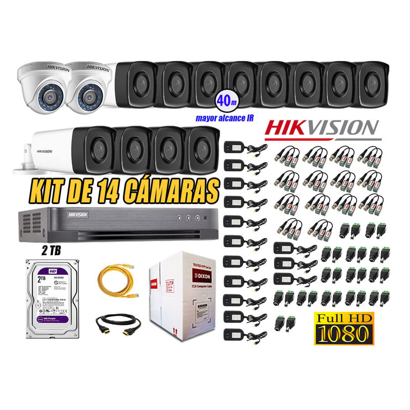 Kit 14 Cámaras de Seguridad It3F Hikvision Full Hd 1080P mas Disco 2Tb Mayor Alcance Hdmi