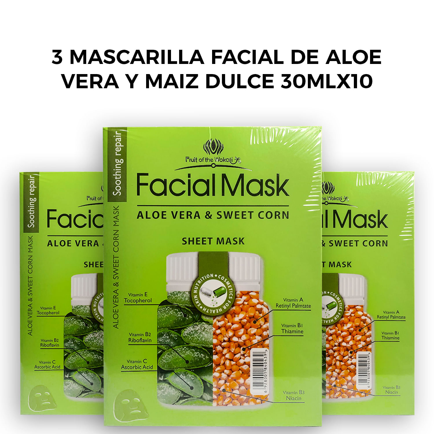 3 Mascarilla Facial de Aloe Vera y Maiz Dulce 30mlx10 piezas.