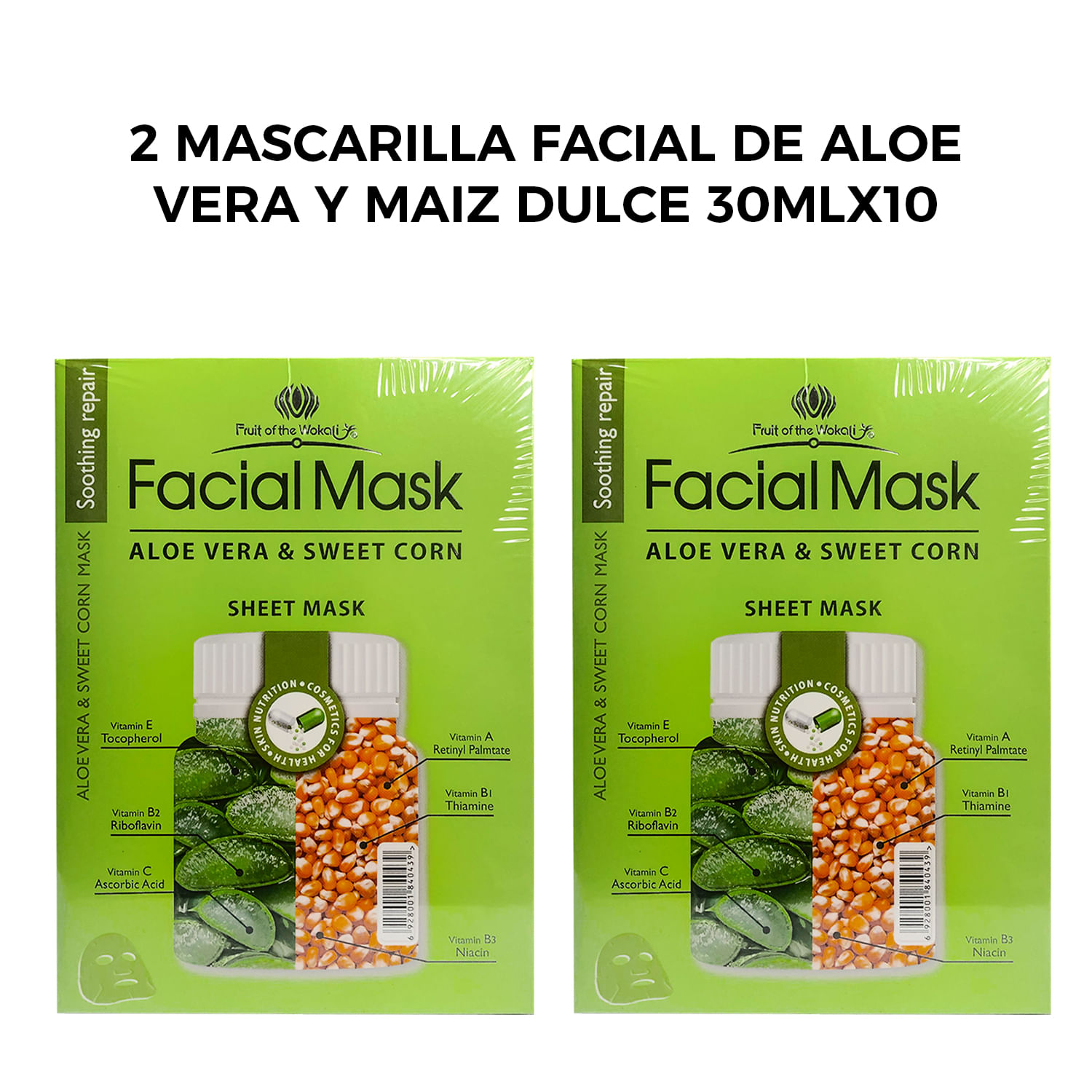 2 Mascarilla Facial de Aloe Vera y Maiz Dulce 30mlx10 piezas.
